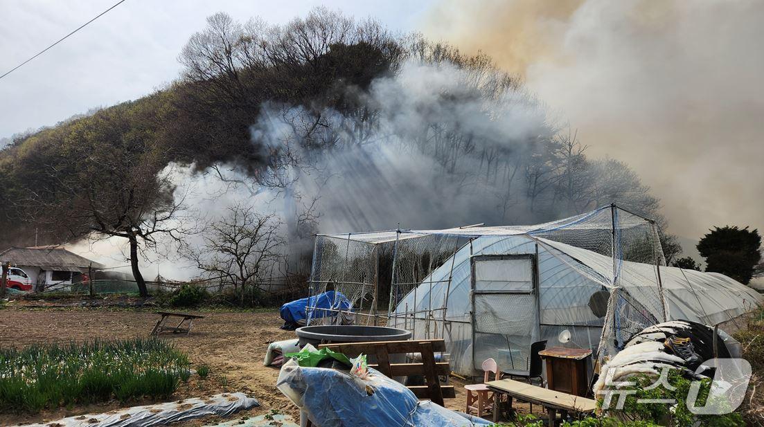 본문 이미지 - 9일 오후 2시50분쯤 걍북 성주군 수륜면 산림 인접 지역 주택에서 난 불이 산으로 옮겨붙었다. (경북도소방본부제공) 2025.4.9/뉴스1 