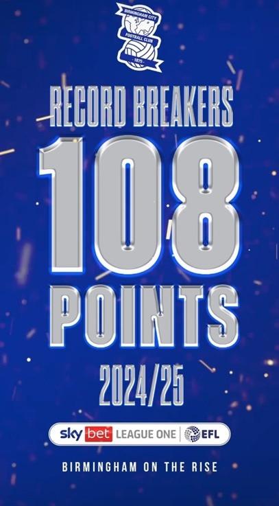 본문 이미지 -  승점 108점을 달성한 버밍엄시티(버밍엄 SNS)