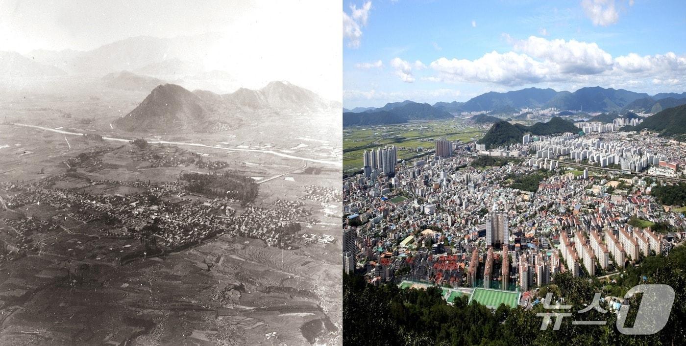김해 분성산에서 촬영한 김해 시가지 전경.&#40;왼쪽 1995년 시군 통합 이전, 오른쪽 최근 모습. 김해시 제공. 재판매 및 DB금지&#41;