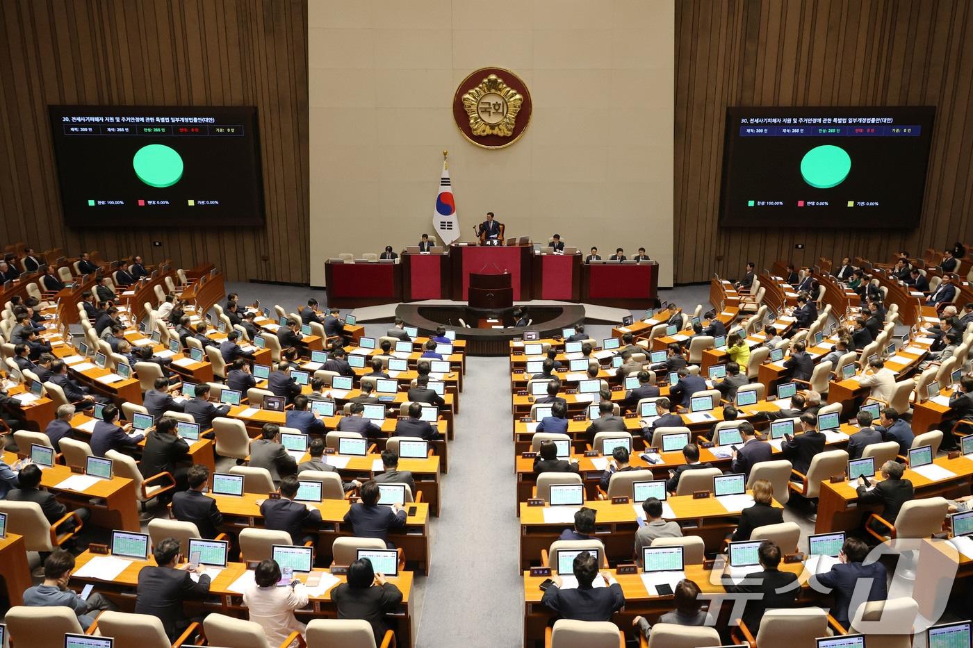 1일 오후 서울 여의도 국회에서 열린 본회의에서 전세사기피해자 지원 및 주거안정에 관한 특별법 일부개정법률안이 가결되고 있다. 2025.5.1/뉴스1 ⓒ News1 이광호 기자