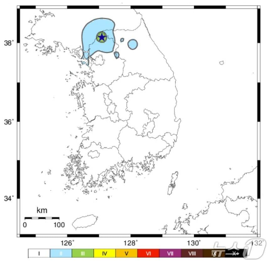 본문 이미지 - 10일 경기 연천군 연천군 북북동쪽 5㎞ 지점에서 발생한 규모 3.3 지진 계기진도정보. (기상청 제공. 재판매 및 DB 금지) 2025.5.10/뉴스1