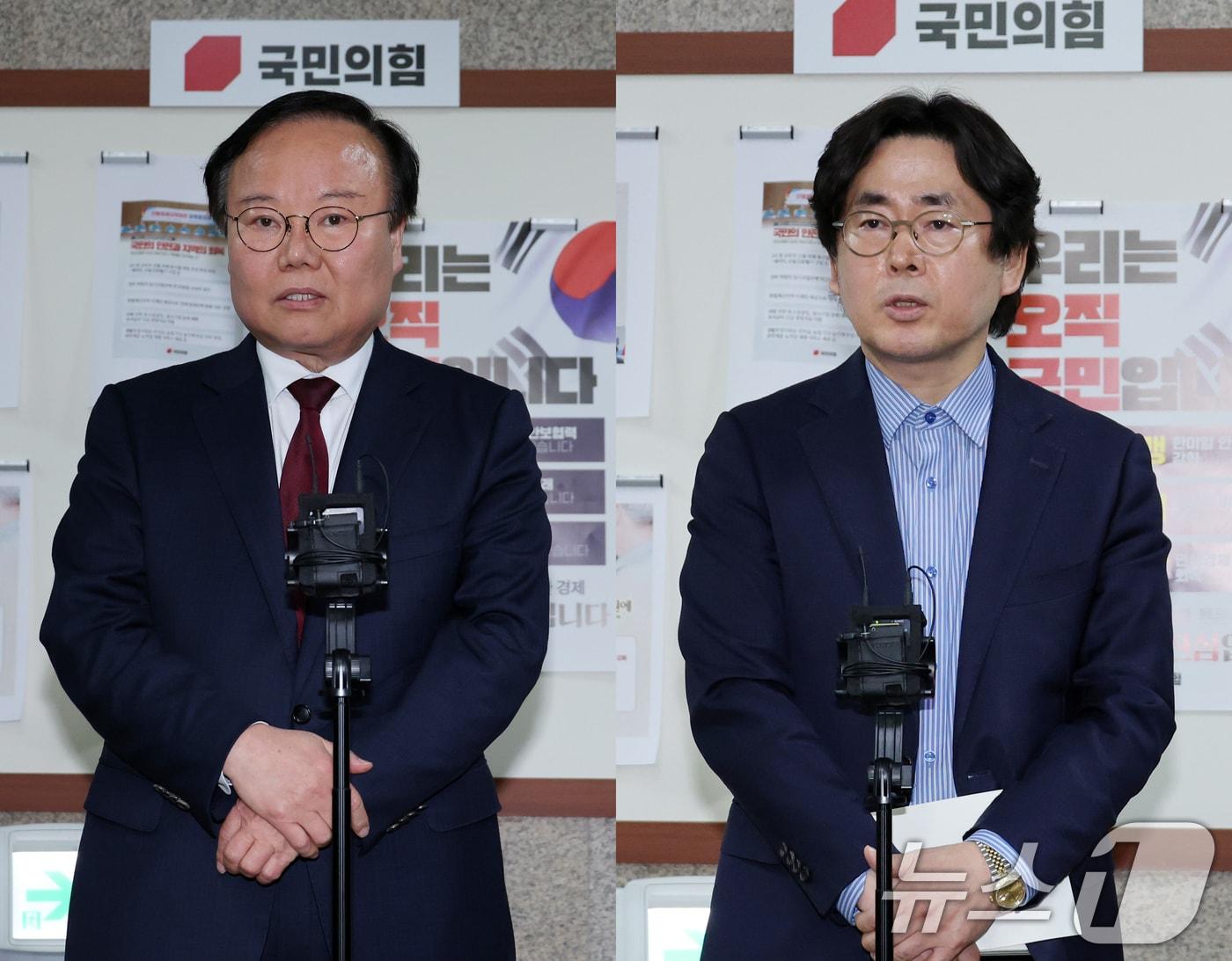본문 이미지 - 김문수 국민의힘 대통령 후보 대리인인 김재원 비서실장(왼쪽)과 한덕수 예비후보 대리인인 윤기찬 정책 대변인이 10일 서울 여의도 국회에서 단일화 협상 관련 회동을 마치고 각각 브리핑을 하고 있다. 2025.5.10/뉴스1 ⓒ News1 안은나 기자