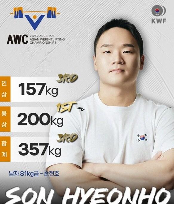 본문 이미지 - 아시아역도선수권에서 합계 3위를 차지한 손현호(대한역도연맹 제공) 