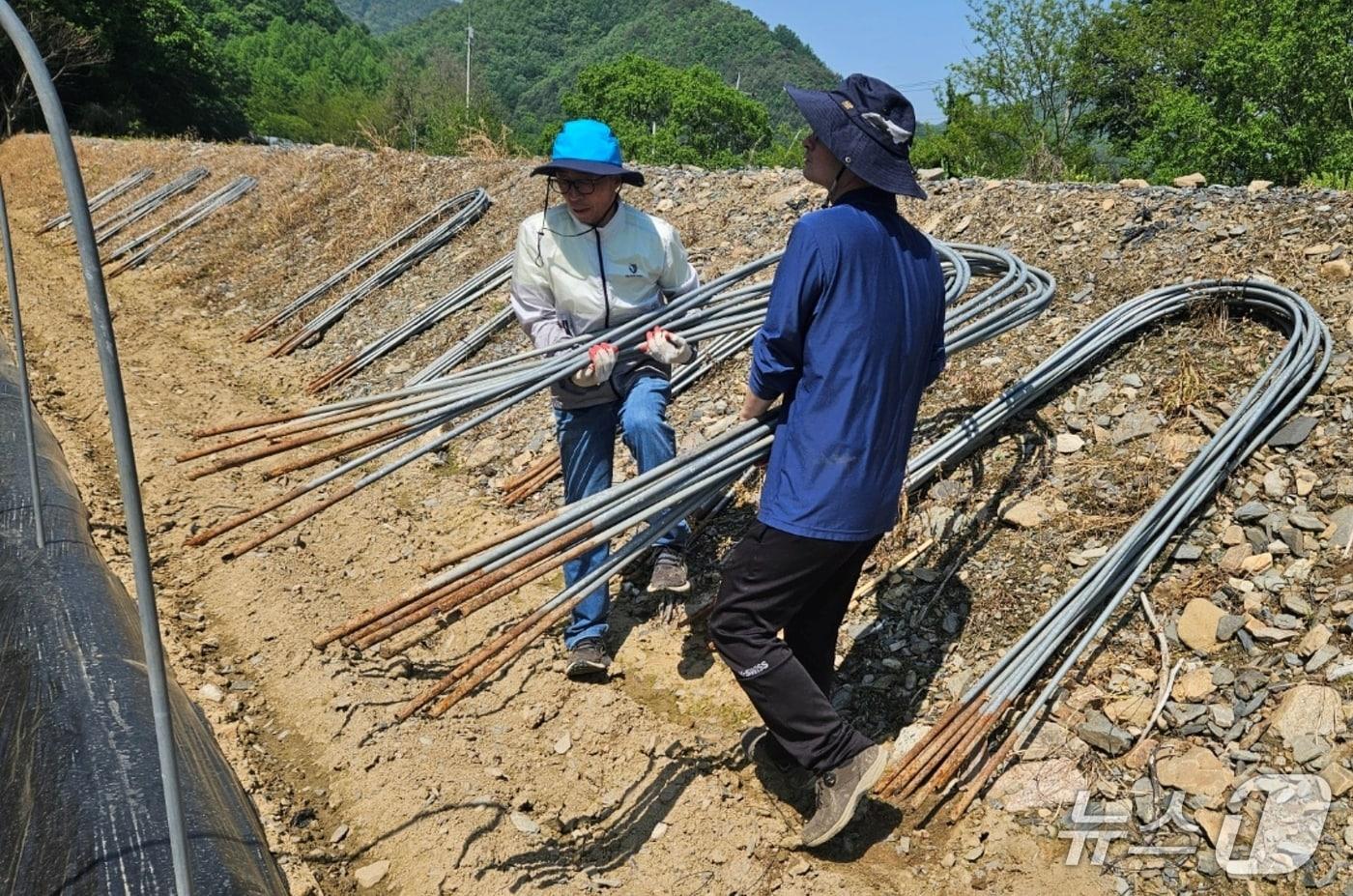 충북 괴산군 안전정책과 직원들은 14일, 본격적인 영농철을 앞두고 일손 부족으로 어려움을 겪는 농가를 찾아 일손을 도왔다.(괴산군 제공)/뉴스1