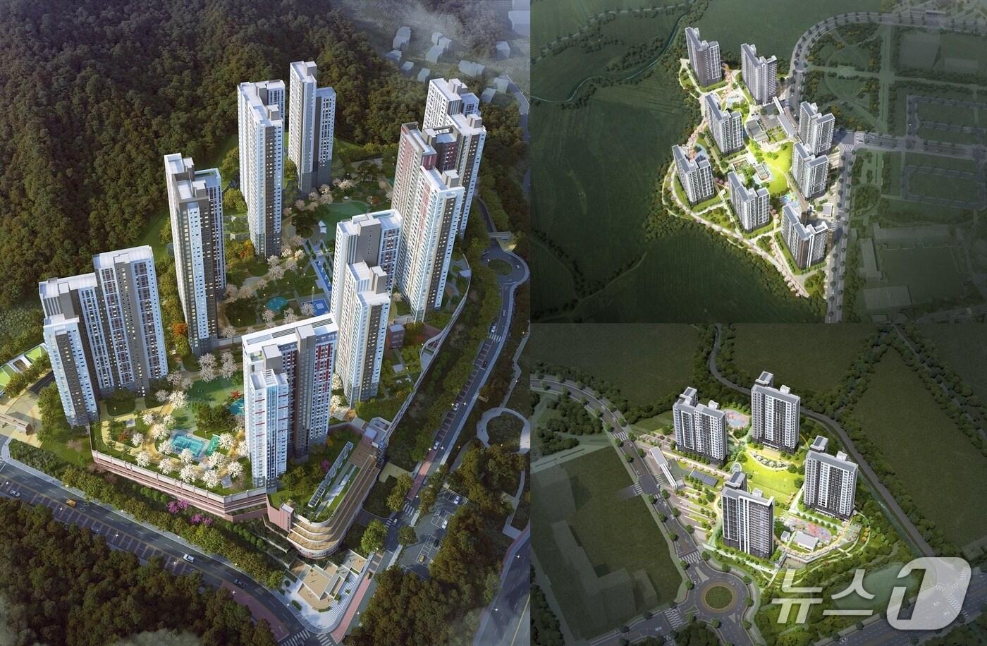 공공지원 민간임대주택 조감도(왼쪽), 밀양부북 A-1BL 조감도(오른쪽 위), S-2BL 조감도(오른쪽 아래) (BS한양 제공)