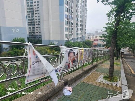 본문 이미지 - 16일 한 아파트 앞 민주당 선거 벽보가 찢어져 있다.(민주당 부산시당 제공. 재판매 및 DB 금지)