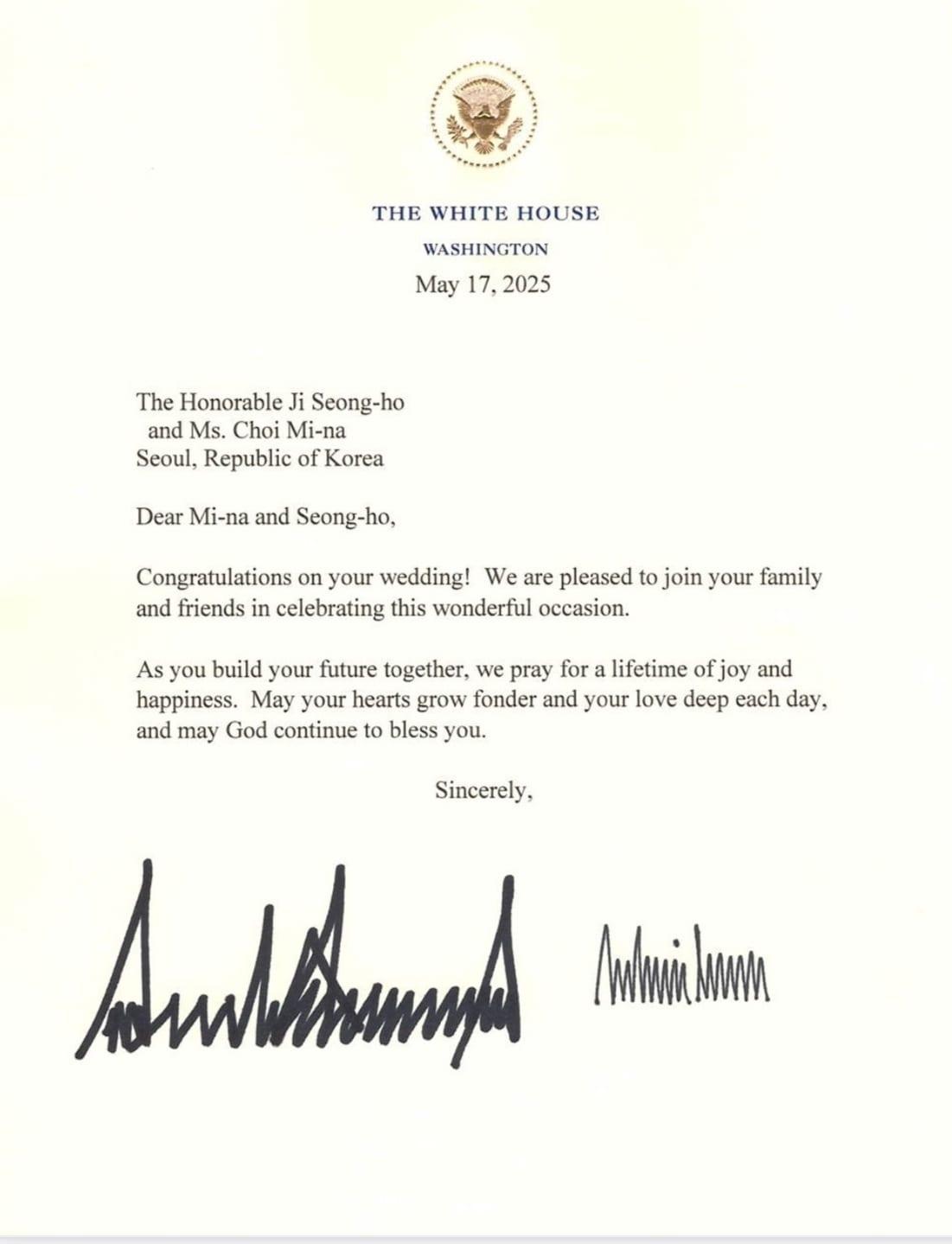 본문 이미지 - 도널드 트럼프 대통령이 지성호 전 의원에게 보낸 결혼 축하 서한(지성호 전 국민의힘 의원측 제공)