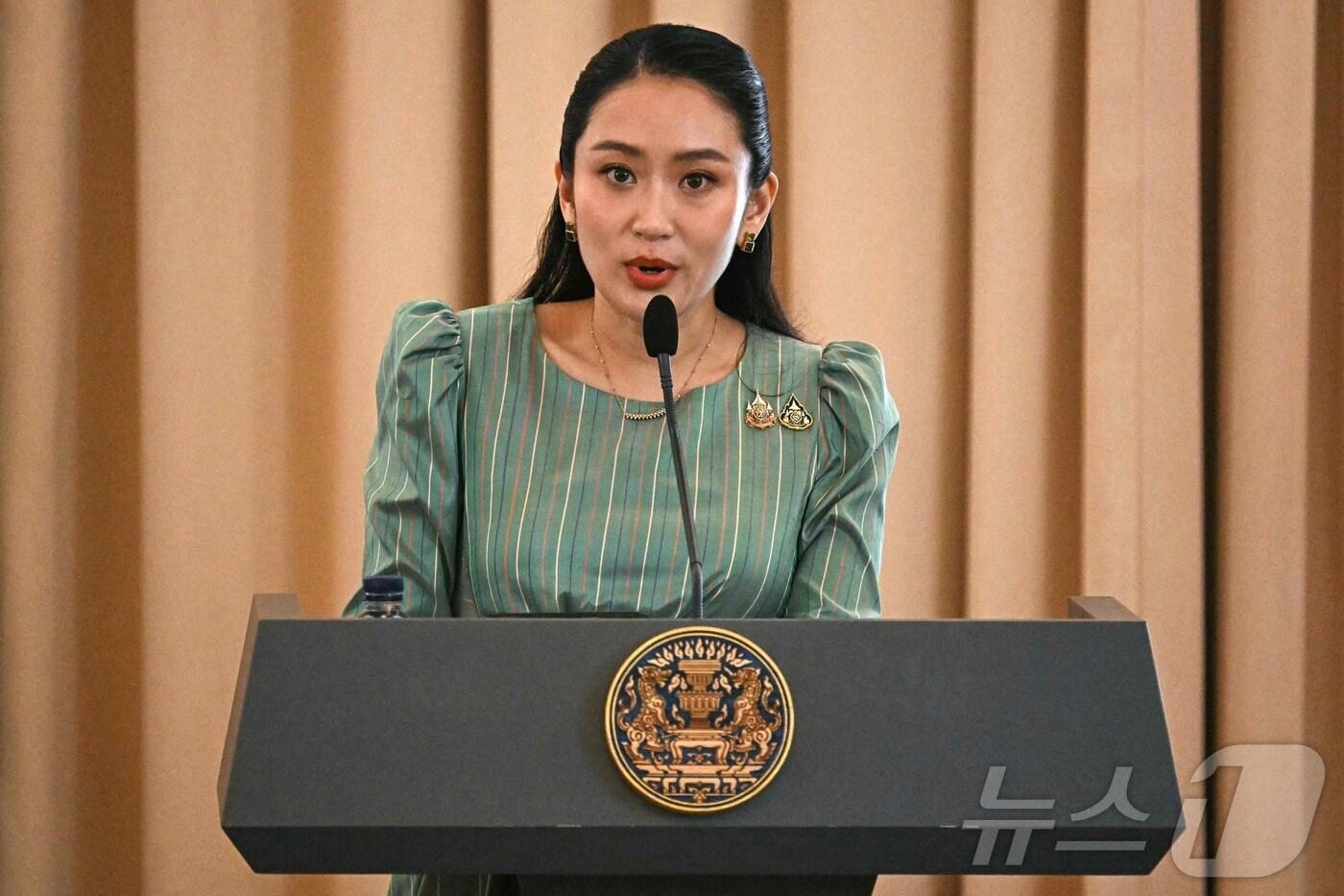 패통탄 친나왓 태국 총리가 19일 방콕 정부 청사에서 프라보워 수비안토 인도네시아 대통령과 회담 뒤 기자회견을 하고 있다. 2025.05.19 ⓒ AFP=뉴스1 ⓒ News1 최종일 선임기자