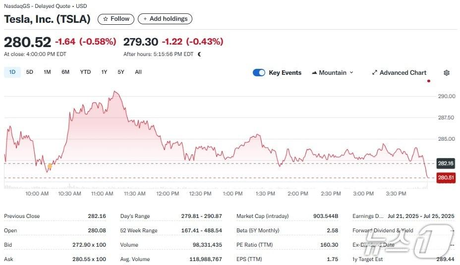 본문 이미지 - 테슬라 일일 주가추이 - 야후 파이낸스 갈무리