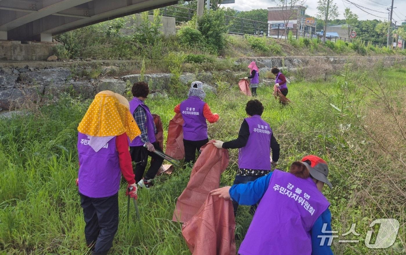충북 괴산군 감물면 주민자치위원회(위원장 박천웅)는 20일 감물면 안민천변 일대에서 쓰레기 수거와 환경정화활동을 진행했다.(괴산군 제공)/뉴스1