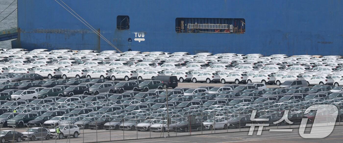 경기 평택시 포승읍 평택항 자동차전용부두에 수출용 차량들이 세워져 있다. 2025.5.20/뉴스1 ⓒ News1 김영운 기자