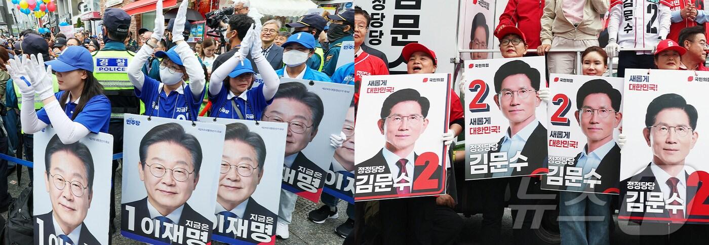 이재명 더불어민주당 대통령 후보(왼쪽)와 김문수 국민의힘 대통령 후보 선거운동원들이 20일 각각 경기 의정부시 로데오거리와 서울 강서구 남부골목시장 인근에서 선거운동을 펼치고 있다. 2025.5.20/뉴스1 ⓒ News1 안은나 기자,김민지 기자