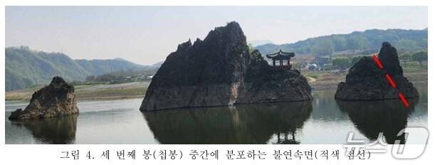 본문 이미지 - 남한강 하류방향 세번째 봉우리인 도담삼봉 '첩봉'의 중간지점에서 불연속면, 즉 균열 부분(적색 표시)이 나타났다.(단양군 제공. 재판매 및 DB금지)./뉴스1 