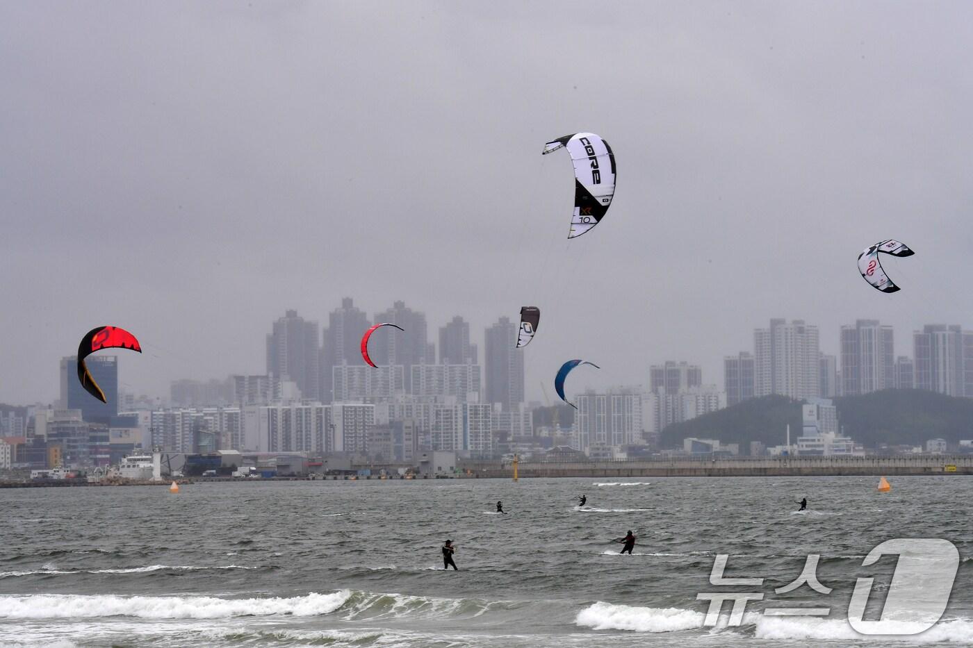 지난 24일 오후 경북 포항시 송도해수욕장에서 카이트보드 동호인들이 바람을 가르며 바다 위를 질주하고 있다. 2025.5.24/뉴스1 ⓒ News1 최창호 기자