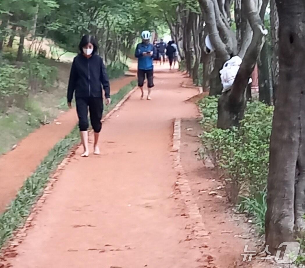 본문 이미지 - 24일 대전 한밭수목원 '[맨발걷기 산책로'를 찾은 방문객들이 황토길을 걷고 있다. 2025. 3. 29 /뉴스1 ⓒ News1 박찬수 기자