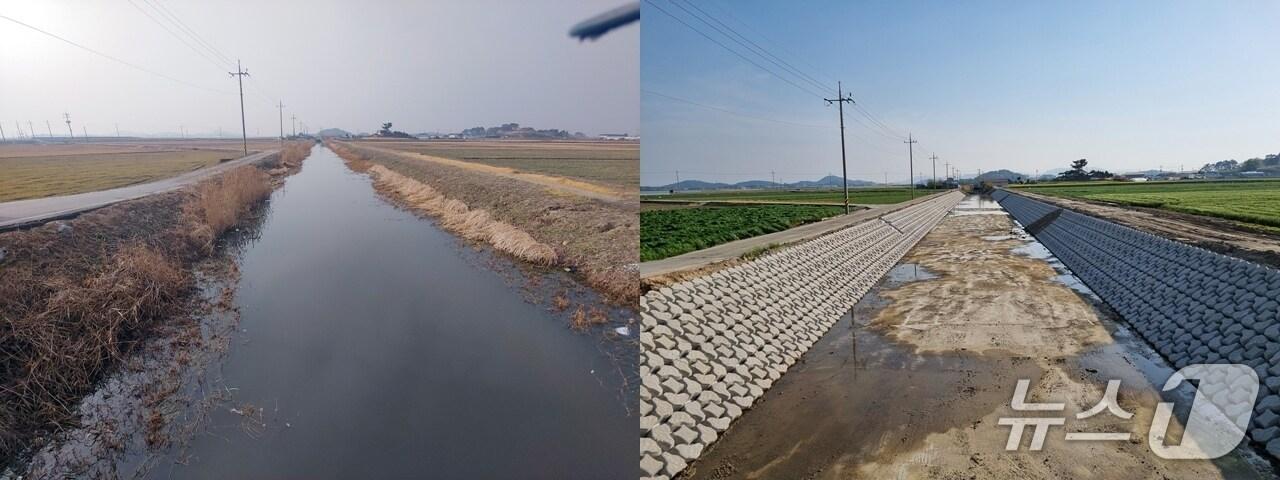 본문 이미지 - 배수로 시공 전(왼쪽), 후(오른쪽) 모습.(전북도 제공. 재판매 및 DB금지)/뉴스1 