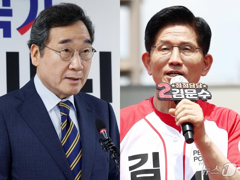 본문 이미지 - 이낙연 새미래민주당 상임고문&#40;왼쪽&#41;이 27일 서울 여의도 당사에서 김문수 국민의힘 대통령 후보와의 개헌·공동정부 연대와 김 후보 지지를 선언하며 기자회견을 했다. 오른쪽은 김문수 후보의 유세 모습. 2025.5.27/뉴스1 ⓒ News1 안은나 기자