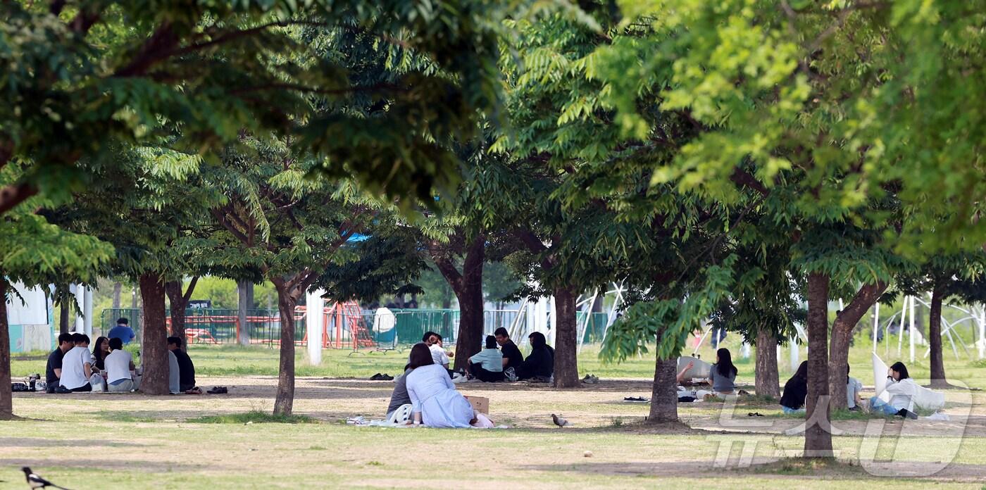 낮 기온이 최고 28도까지 오르며 초여름 날씨를 보인 27일 서울 영등포구 여의도 한강공원을 찾은 시민들이 더위를 식히고 있다. 2025.5.27/뉴스1 ⓒ News1 김진환 기자
