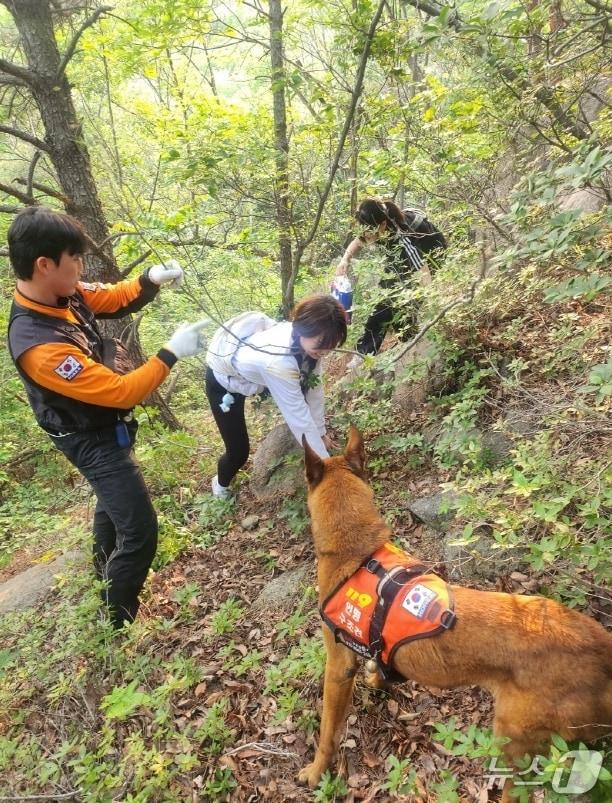 본문 이미지 - 27일 부산 119 구조견 충성이와 소방대원이 하산 중 조난당한 20대 여성을 발견하고 구조하고 있다.(부산소방재난본부 제공. 재판매 및 DB 금지)
