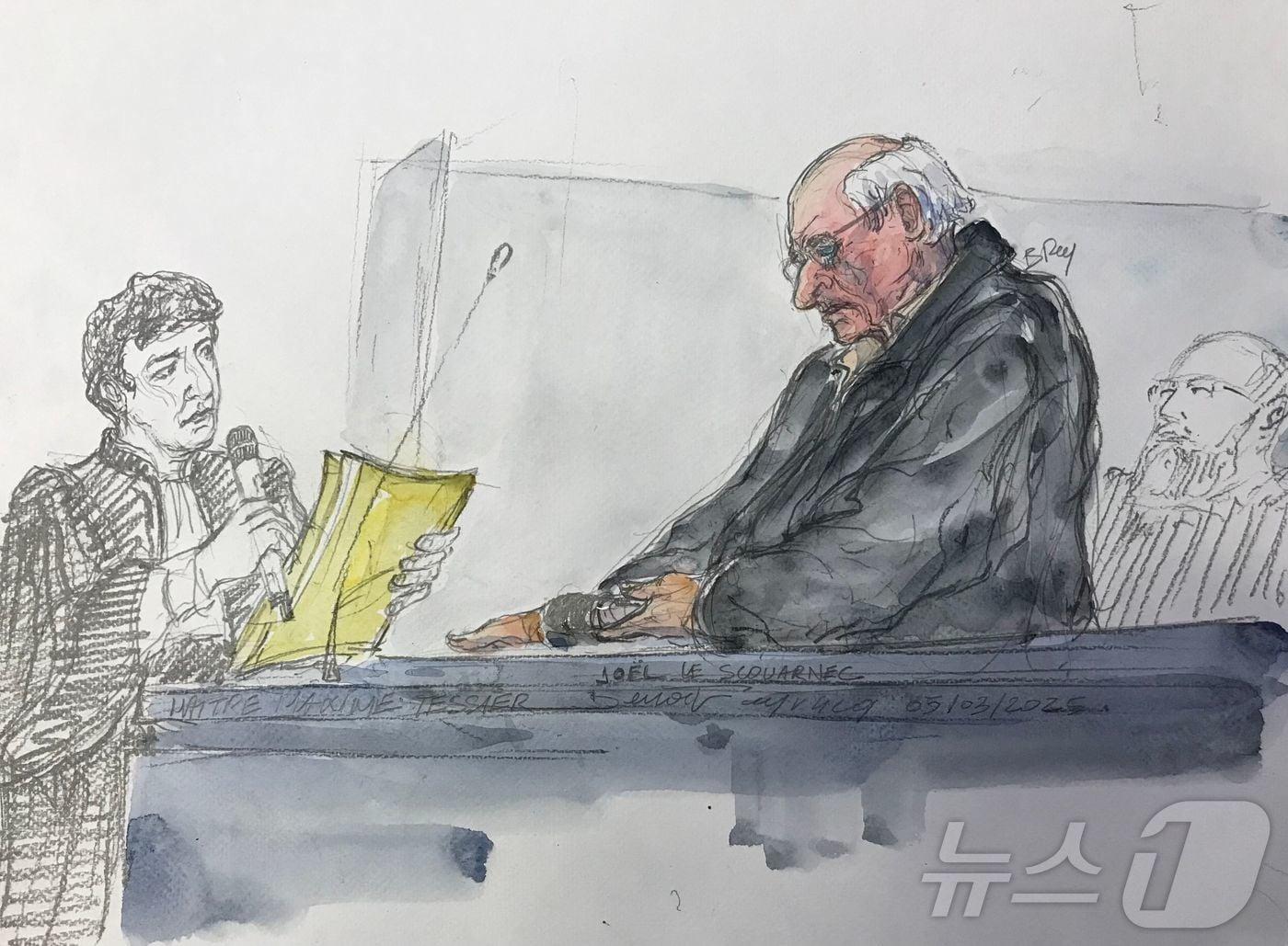 본문 이미지 - 대부분이 미성년자인 수백명을 성폭행한 혐의로 20년형을 추가로 선고받은 프랑스 외과 의사 조엘 르 스쿠아르넥이 재판을 받는 장면. 2025년 3월5일 제작된 법원 스케치.