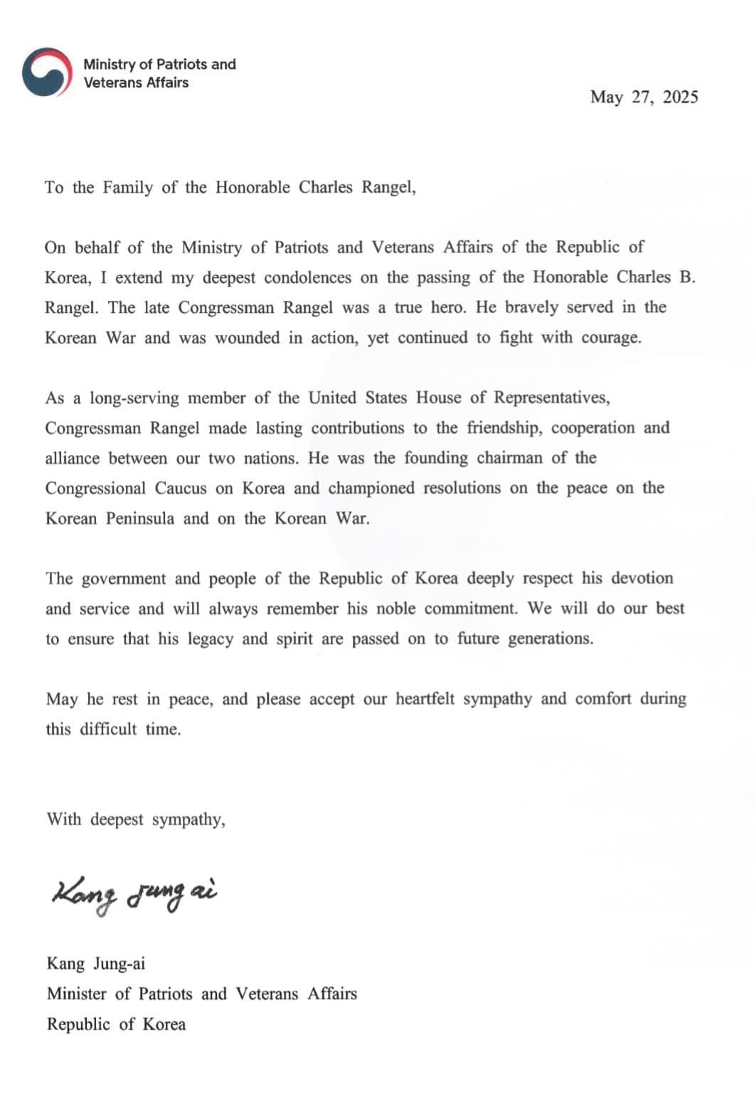 본문 이미지 - 강정애 국가보훈부 장관이 찰스 랭글 미국 전 연방 하원의원의 유가족에게 보낸 조전.&#40;국가보훈부 제공&#41;