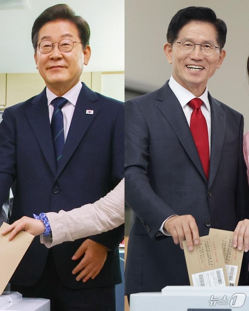 본문 이미지 - 이재명 더불어민주당 대통령 후보(왼쪽)와 김문수 국민의힘 대통령 후보가 제21대 대통령선거 사전투표 첫날인 29일 오전 각각 서울 서대문구 구 신촌동주민센터와 인천 계양1동 주민센터에서 투표를 하고 있다. (공동취재) 2025.5.29/뉴스1 ⓒ News1 안은나 기자