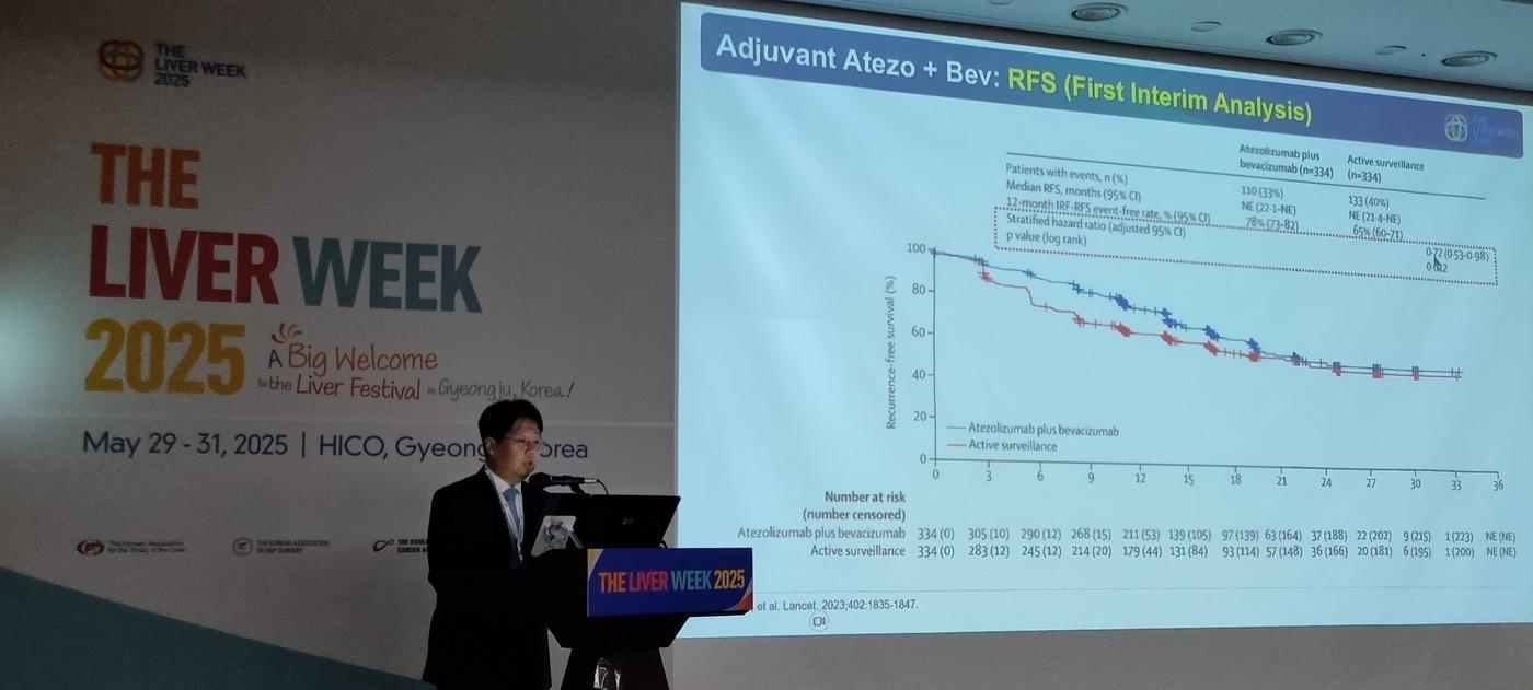  29일 경주 화백컨벤션센터에서 열린 국제 간질환 학술대회에서 서울대학교병원 소화기내과 이정훈 교수가 오찬 심포지엄에서 발표하고 있다. (GC 제공)