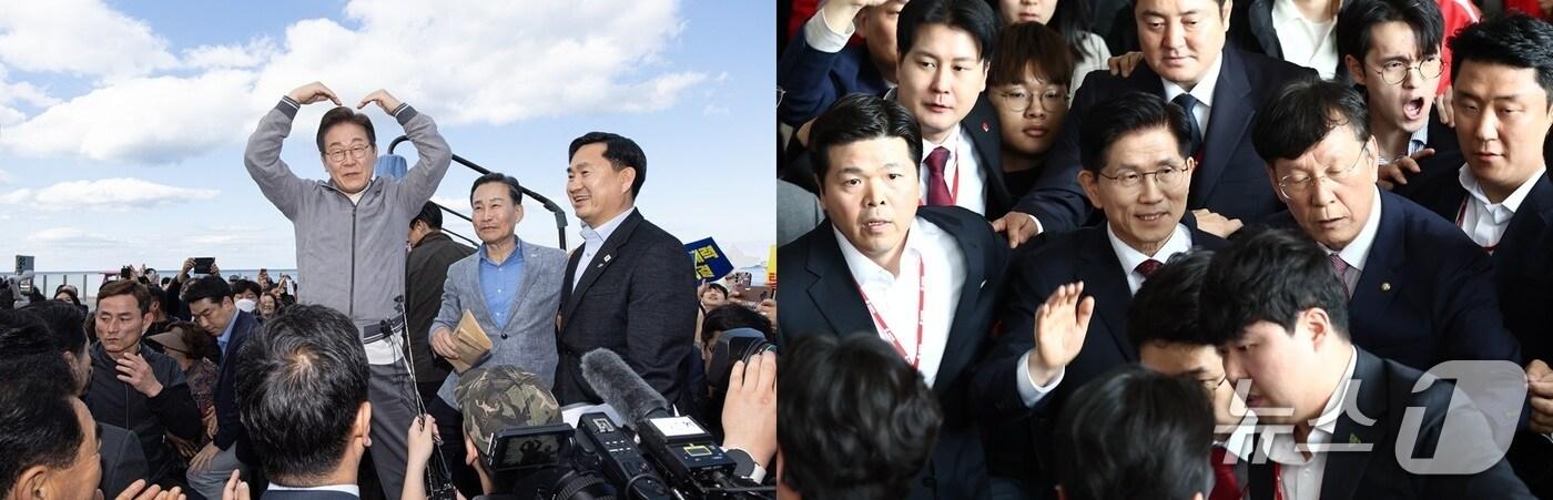3일 이재명 대선 후보(왼쪽)가 강원 삼척해수욕장에서 시민들을 향해 하트를 그려보이고 있다. 같은 날 김문수 국민의힘 대선 후보(오른쪽)가 경기 고양시 킨텍스에서 열린 5차 전당대회를 마치고 나오며 인사하고 있다.2025.5.3./뉴스1 삼척 이재명·고양 김민지 기자