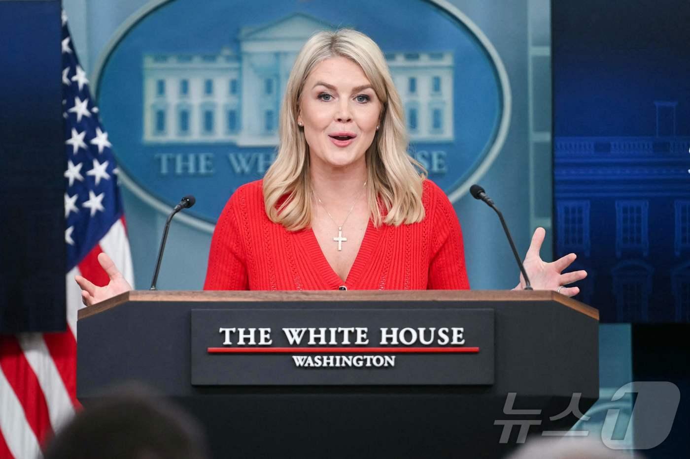 캐롤라인 레빗 백악관 대변인이 29일(현지시간) 워싱턴 백악관 브래디 룸에서 브리핑을 갖고 “도널드 트럼프 행정부의 '상호관세' 등이 무효라고 판단한 법원의 결정은 사법 과잉 사례이다"고 밝히고 있다. 2025.05.30 ⓒ AFP=뉴스1 ⓒ News1 우동명 기자