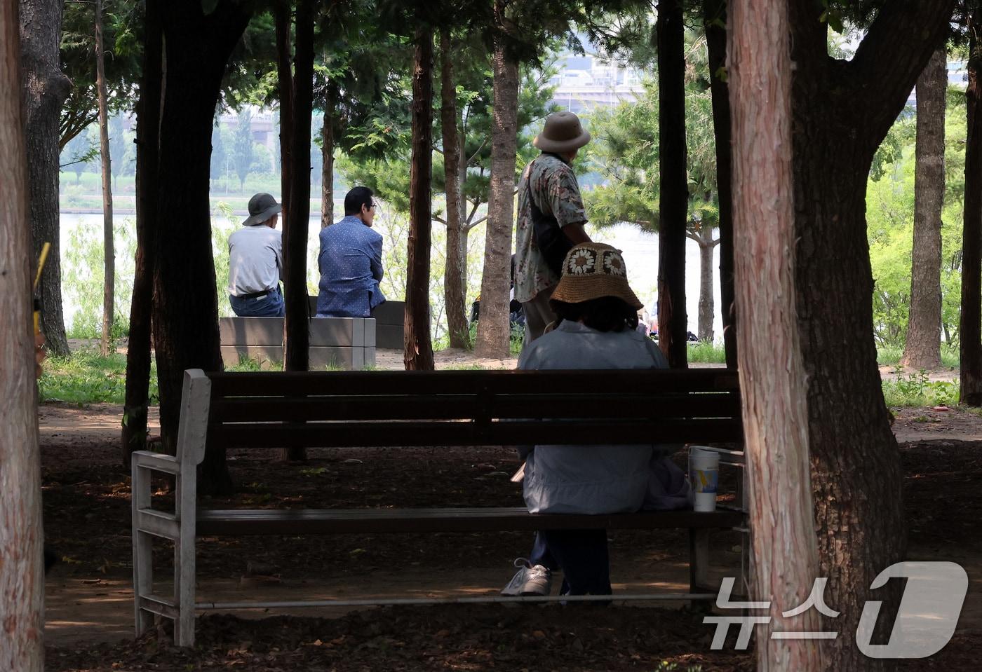 한낮 초여름 날씨가 이어지고 있는 30일 서울 광진구 뚝섬 한강공원을 찾은 시민들이 우거진 나무 아래 그늘에서 더위를 피하고 있다. 2025.5.30/뉴스1 ⓒ News1 이동해 기자