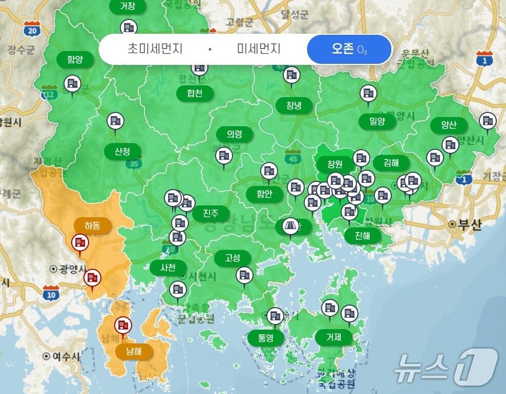 본문 이미지 - 오후 1시 기준 경남지역 오존 경보 발령 현황도(경남도 대기환경정보 홈페이지 캡쳐. 재판매 및 DB금지)