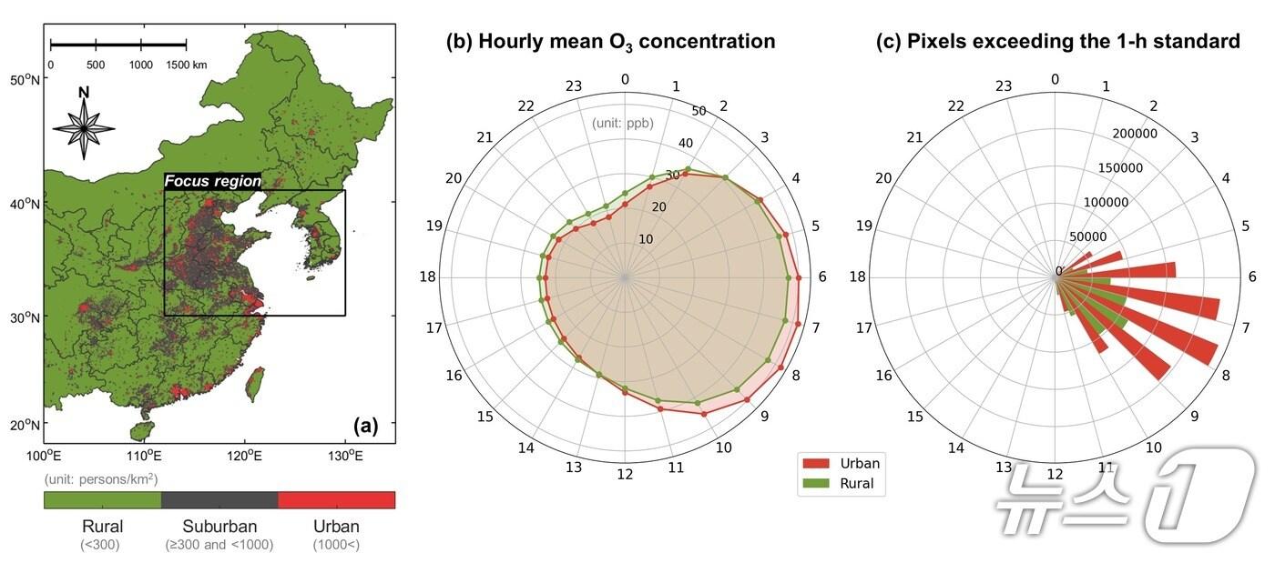 도심과 농촌 지역의 시간대별 오존 농도 및 기준 초과 분포 비교도. (UNIST 제공. 재판매 및 DB 금지) /뉴스1