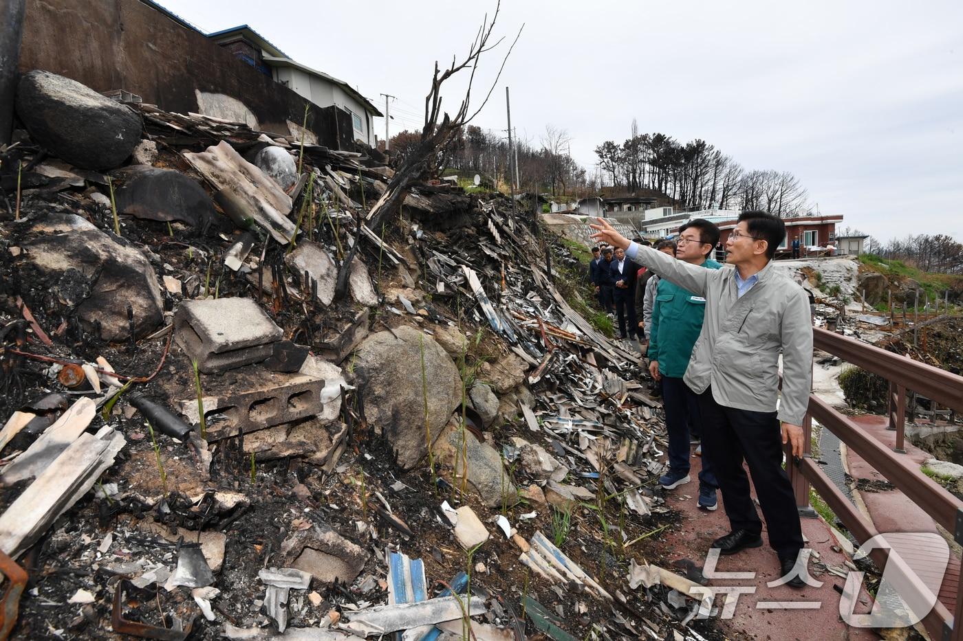 본문 이미지 - 김문수 국민의힘 대통령 후보가 6일 초대형산불피해지역인 경북 영덕군 영덕읍 석리 마을을 찾아 피해 현장을 살펴보고 있다. 2025.5.6/뉴스1 ⓒ News1 최창호 기자