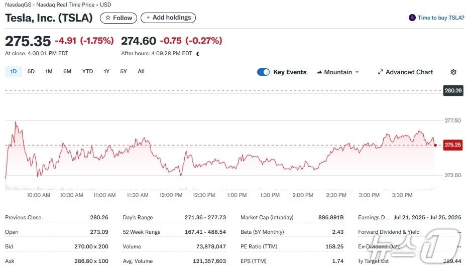 본문 이미지 - 테슬라 일일 주가추이 - 야후 파이낸스 갈무리