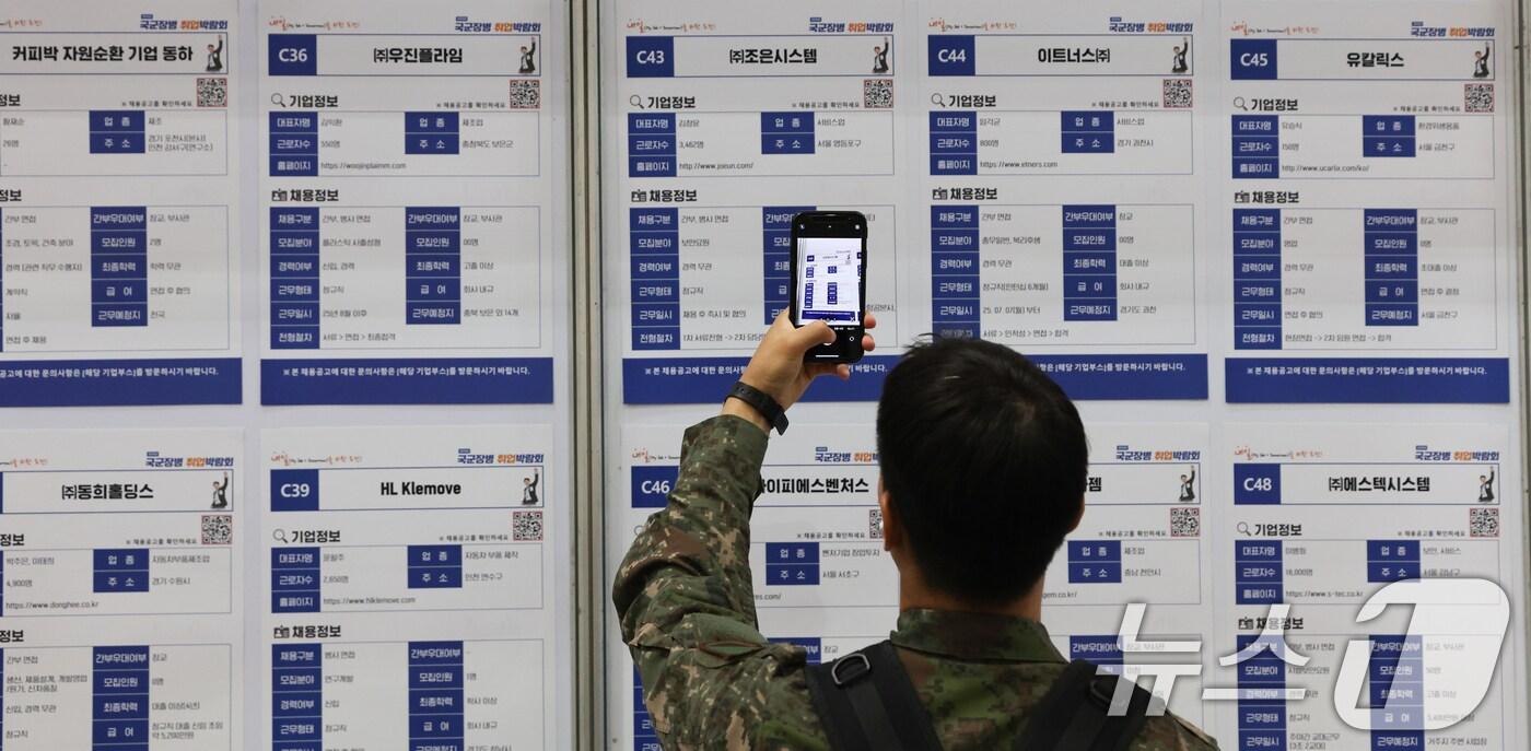 경기 고양시 킨텍스에서 열린 국군장병 취업박람회에서 장병들이 채용공고 게시물을 보고 있다. 2025.5.7/뉴스1 ⓒ News1 허경 기자