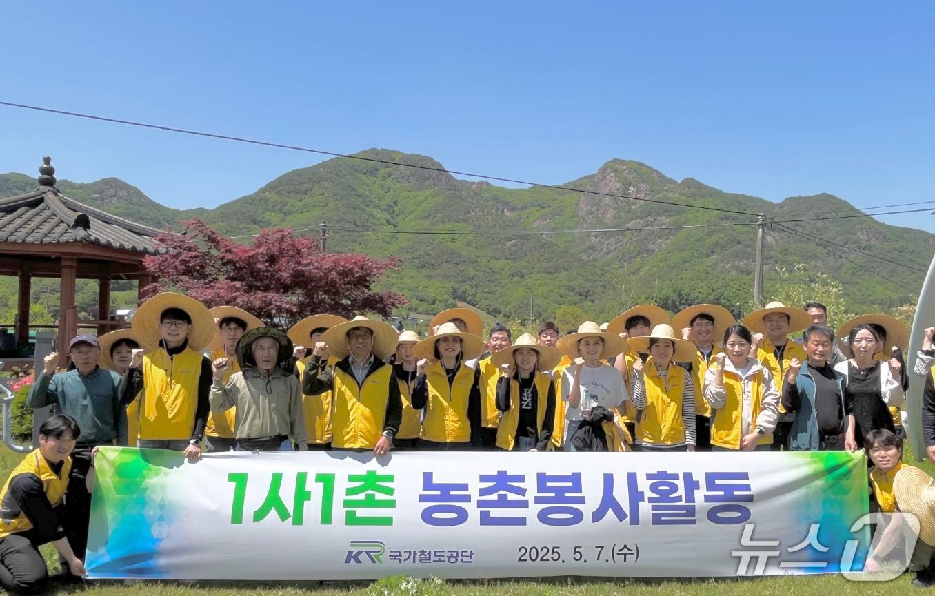 본문 이미지 - 국가철도공단 봉사단이 영동군 금강모치마을에서 농촌 봉사활동을 시행한 후 기념촬영을 하고 있다.(국가철도공단 제공.재판매 및 DB금지)/뉴스1