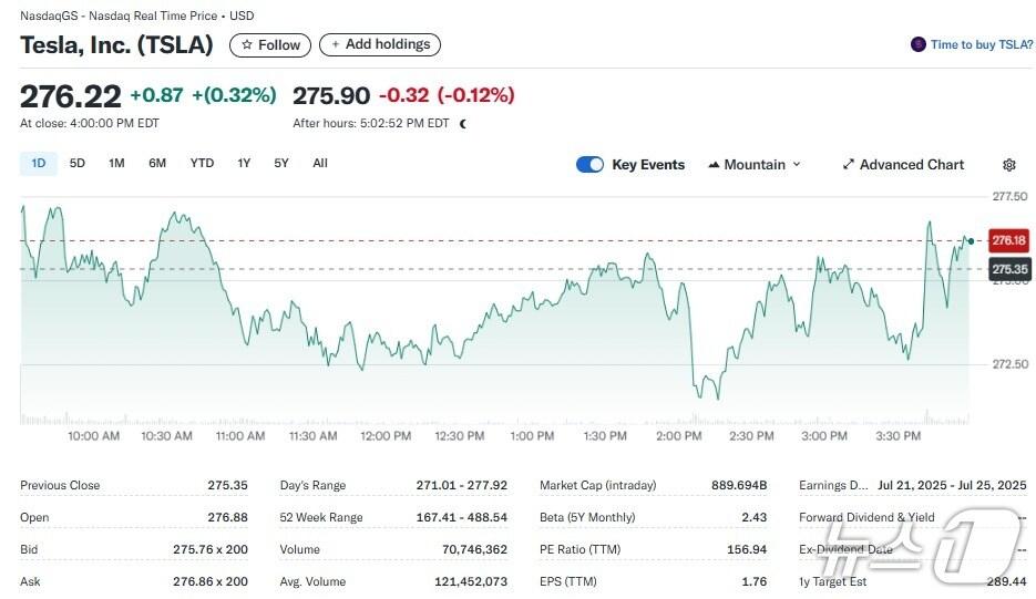 본문 이미지 - 테슬라 일일 주가추이 - 야후 파이낸스 갈무리