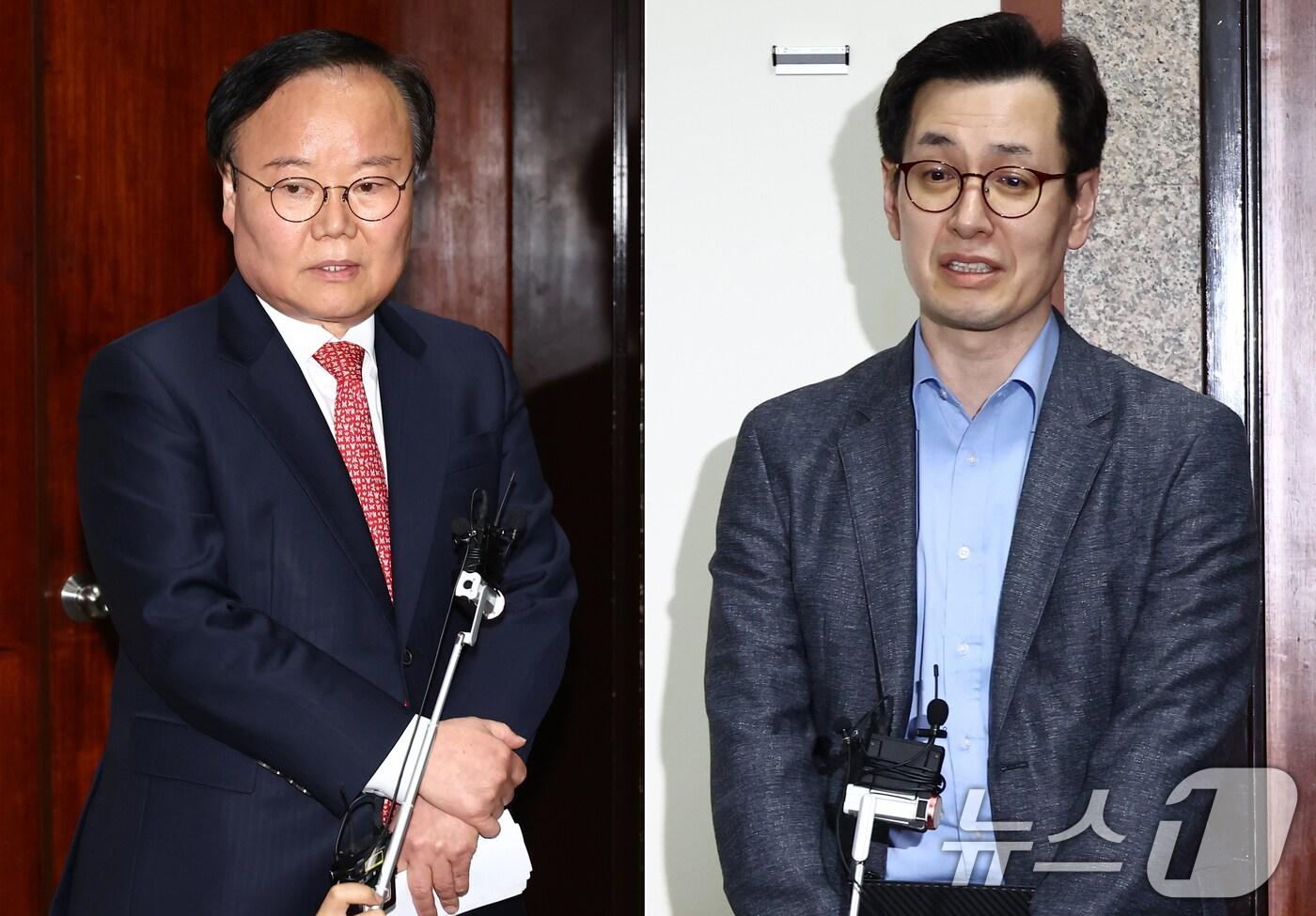 김문수 국민의힘 대통령 후보 대리인인 김재원 비서실장&#40;왼쪽&#41;과 한덕수 무소속 대선 예비후보 대리인인 손영택 전 국무총리 비서실장이 9일 서울 여의도 국회에서 열린 단일화 협상 관련 회동을 마치고 각각 브리핑을 하고 있다. 2025.5.9/뉴스1 ⓒ News1 김민지 기자