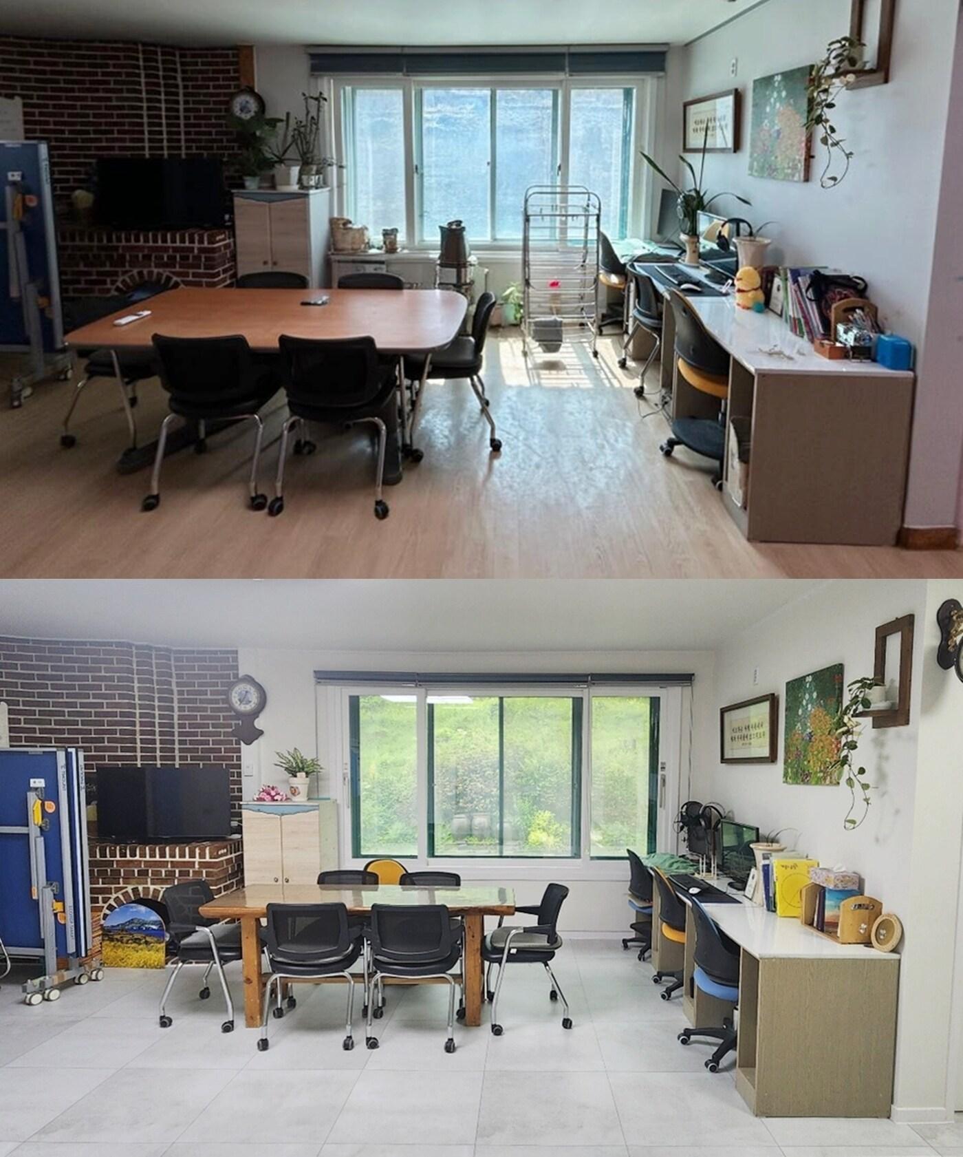 본문 이미지 - LX하우시스가 공동생활가정 주거환경 개선 지원 활동을 지원했다. 개소수 이전(위) 모습과 보수 이후의 모습. (LX하우시스 제공)