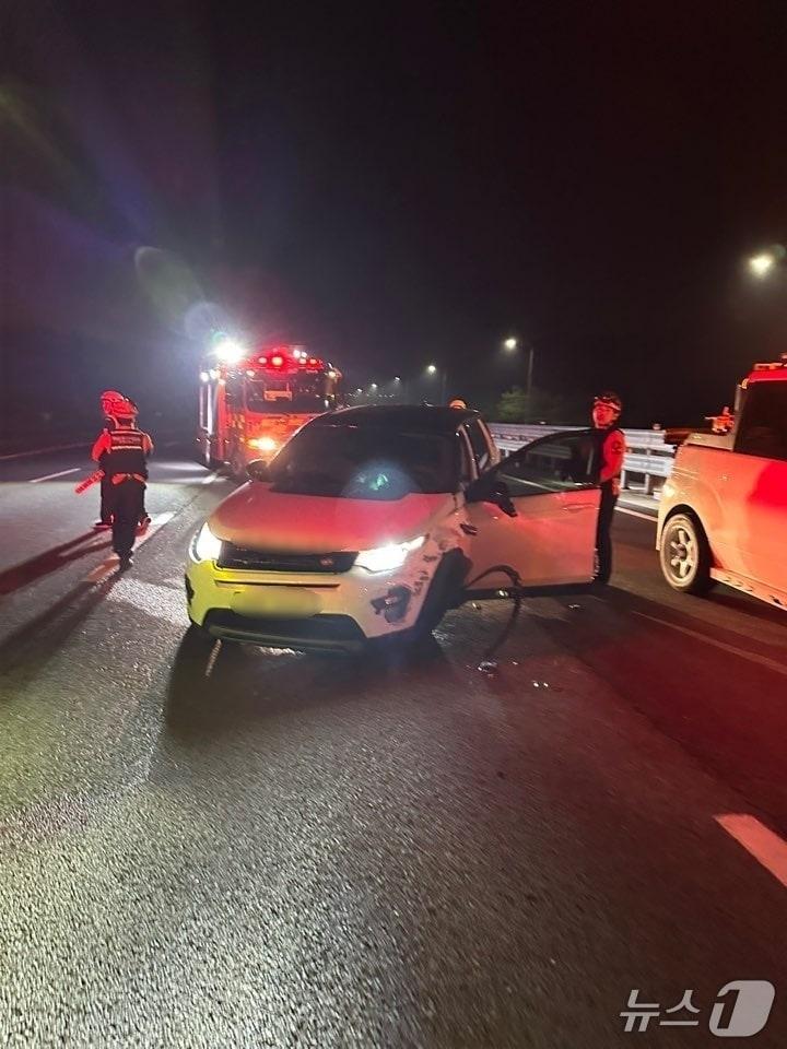 본문 이미지 - 1일 오전 남해고속도로 순천-부산방향 지수졸음쉼터 인근 지점에 정차돼 있던 SUV 차량.&#40;독자제공. 재판매 및 DB 금지&#41;