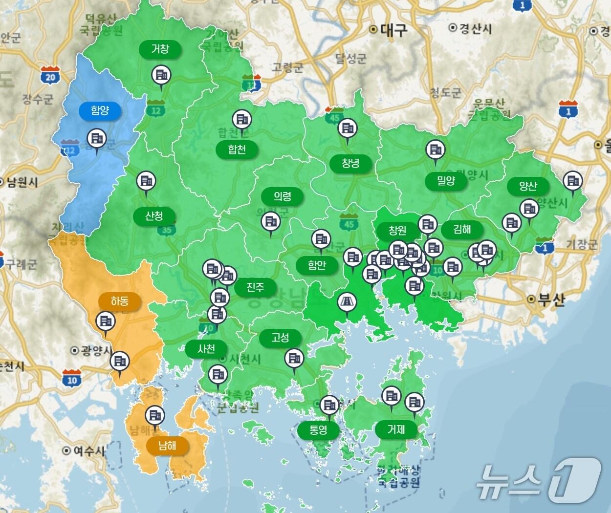 본문 이미지 - 1일 오후 4시 기준 경남 오존 경보 발령 현황도.(경남도 대기 환경정보 누리집 갈무리. 재판매 및 DB 금지)