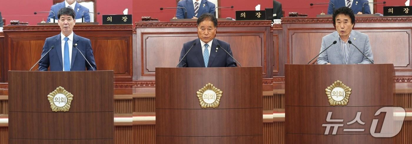  고창군의회는 10일 제316회 정례회를 개회하고 18일까지 9일간 의사일정에 돌입했다. 이날 본회의에서 박성만·임정호·최인규 의원(왼쪽부터)이 군정질문을 하고 있다.(고창군의회 제공, 재판매 및 DB금지)