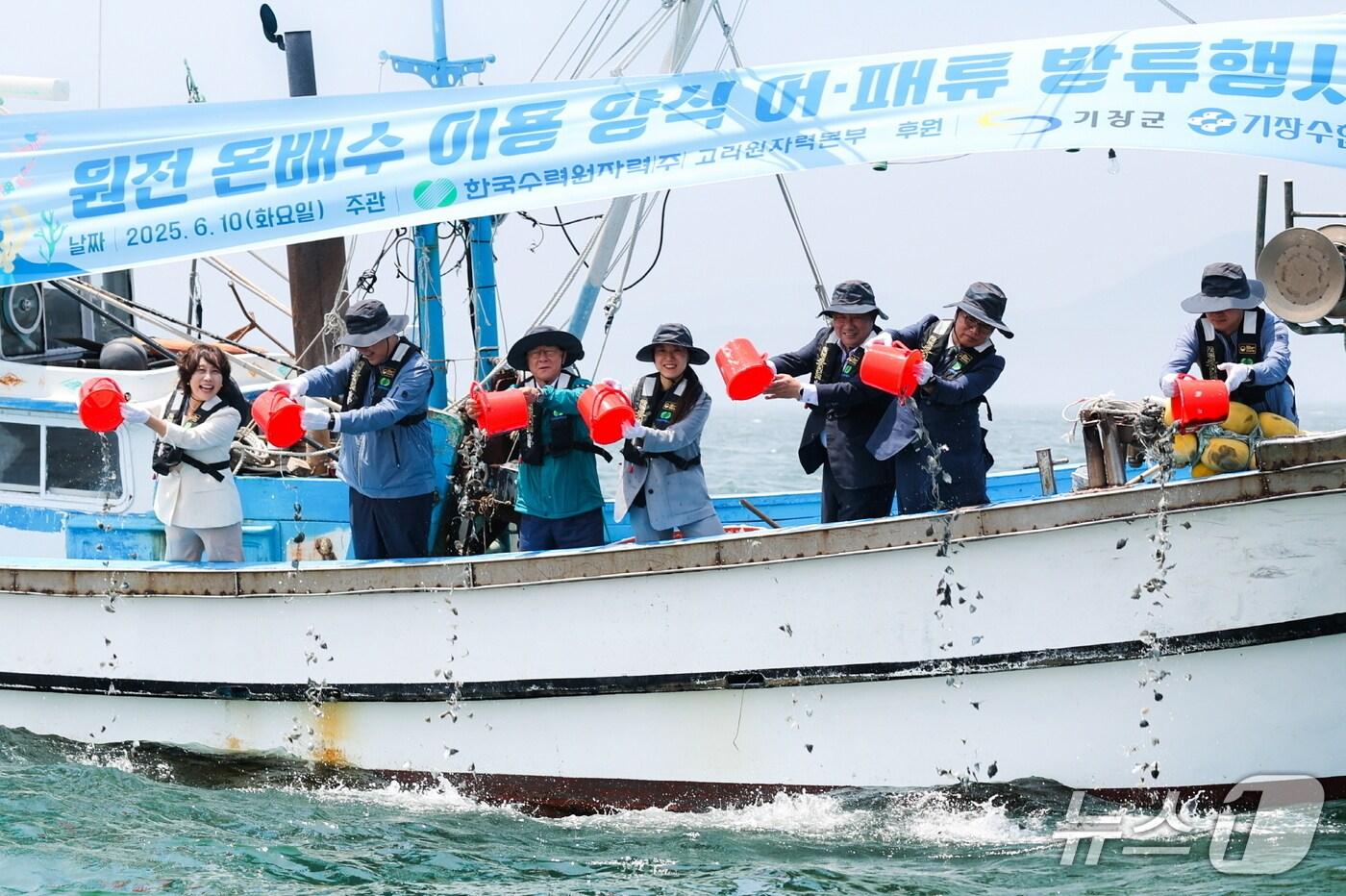 부산 기장군 장안읍 월내항에서 진행된 &#39;온배수 양식 어패류 방류행사&#39;에서 참석자들이 어패류를 바다에 방류하고 있다.&#40;고리원자력본부 제공. 재판매 및 DB 금지&#41;
