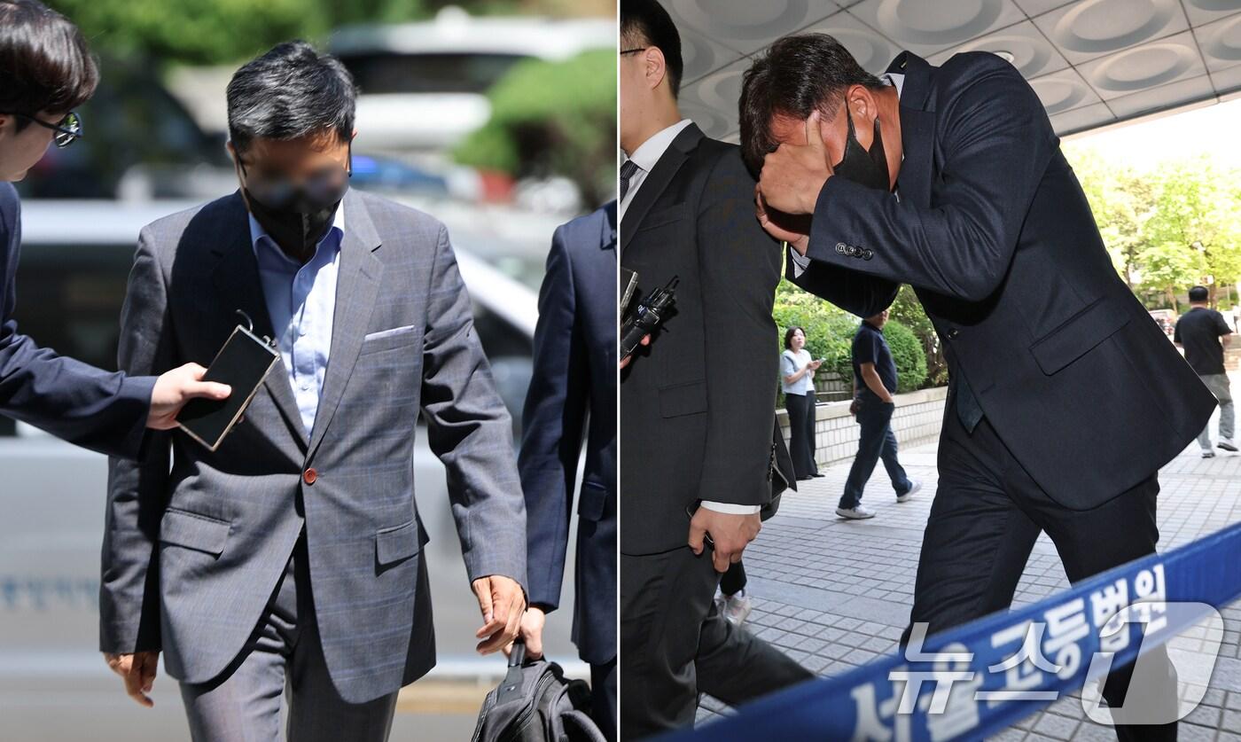 880억 원대 부당대출 의혹을 받는 IBK기업은행 직원 조 모 씨(왼쪽)와 전 직원 김 모 씨가 11일 오전 서울 서초구 서울중앙지방법원에서 열린 구속 전 피의자 심문(영장실질심사)에 출석하고 있다. 2025.6.11/뉴스1 ⓒ News1 오대일 기자