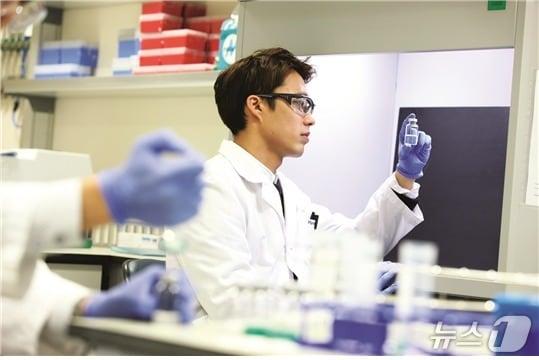 본문 이미지 - 셀트리온 연구원이 후보물질을 살펴보고 있다.(셀트리온 제공)/뉴스1