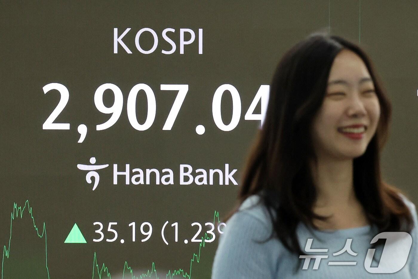 코스피가 3년 5개월 만에 2,900선을 넘어선 11일 오후 서울 중구 하나은행 본점 딜링룸 전광판에 종가가 표시되고 있다. 이날 코스피 지수는 전 거래일 대비 35.19p(1.23%) 상승한 2907.04, 코스닥 지수는 15.09p(1.96%) 상승한 786.29으로 장을 마감했다. 2025.6.11/뉴스1 ⓒ News1 이동해 기자