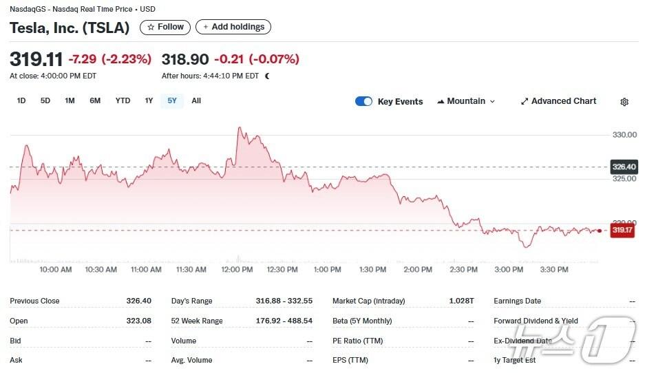 본문 이미지 - 테슬라 일일 주가추이 - 야후 파이낸스 갈무리