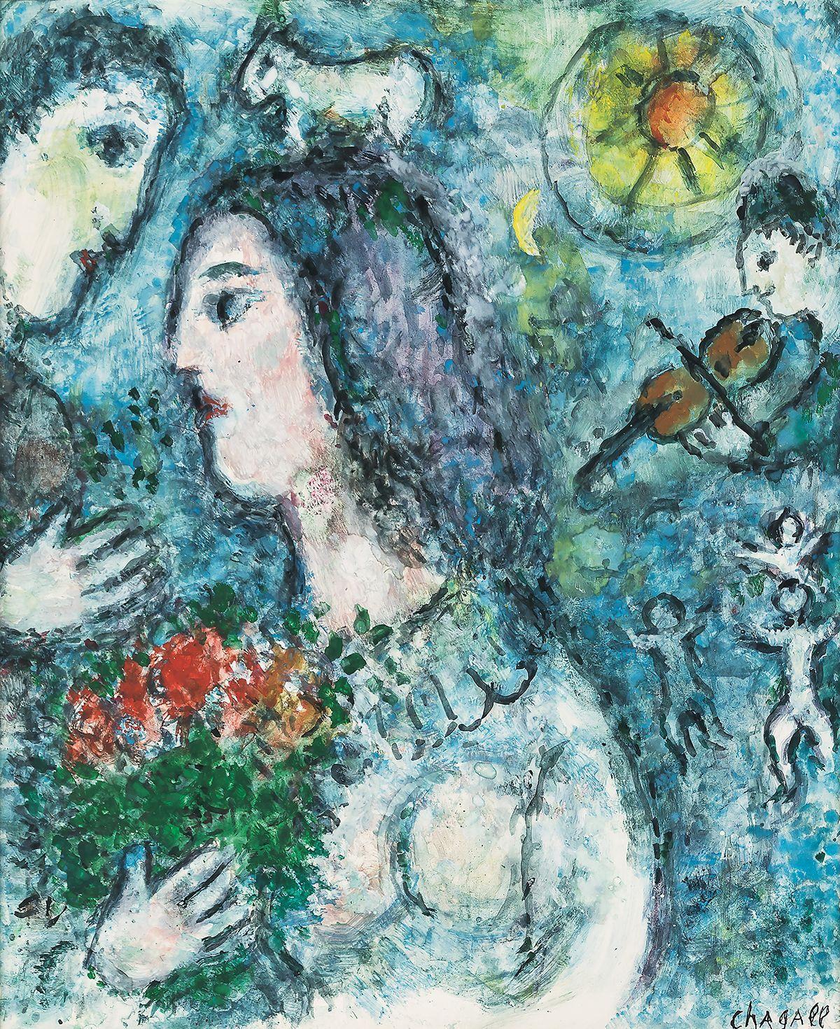 본문 이미지 - Lot. 31, 마르크 샤갈, 1887-1985, French, [Profil au Bouquet], tempera and gouache on masonite, 45.3&times;37.1cm, 1981, 3억원-6억원 (서울옥션 제공)