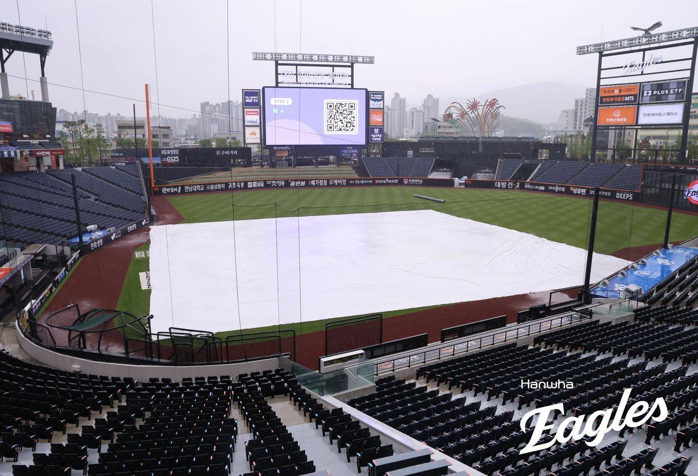 방수포 깔린 대전 한화생명 볼파크. (한화 이글스 제공)