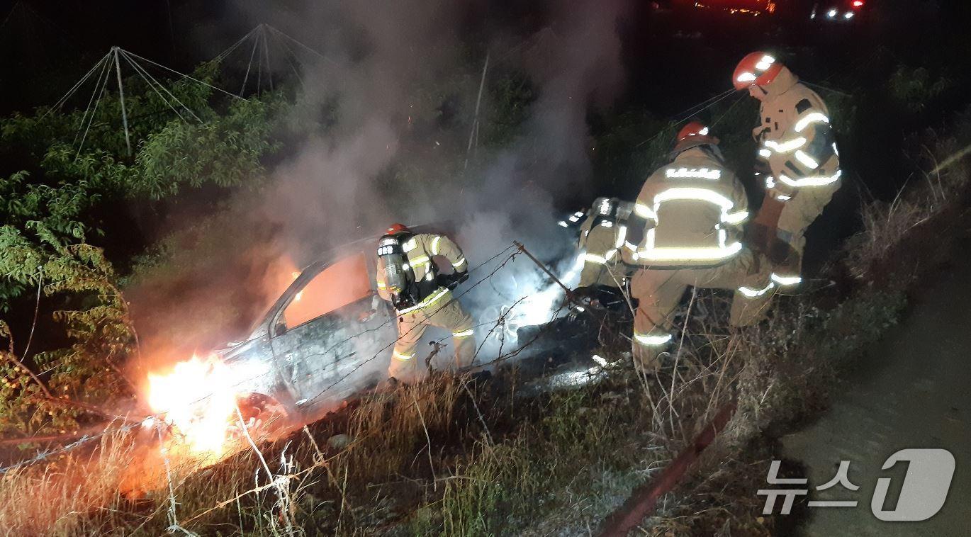 본문 이미지 - 15일 오전 3시38분쯤 경북 영천시 임고면 매호리의 농로에 떨어진 차에서 불이나 소방 당국이 진화하고 있다.(경북소방본부 제공. 재판매 및 DB 금지)2025.6.15/뉴스1